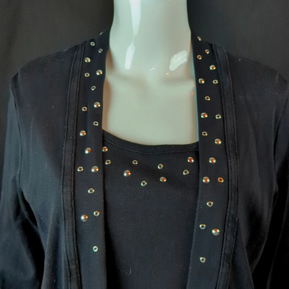 Rafaella sz Large Jet Black Cardigan / Tank Top With Silver Studded Embelishment - Picture 2 of 8